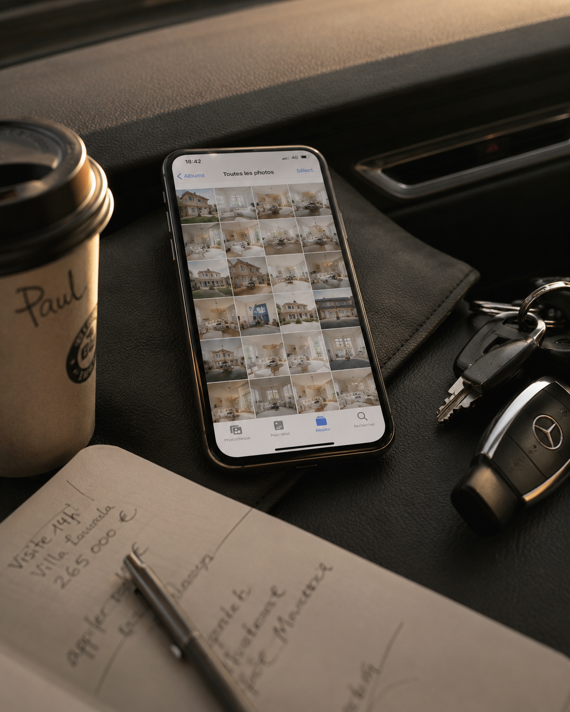 Téléphone posé sur le tableau de bord d'une voiture, affichant une galerie de photos de biens jamais montées en vidéo