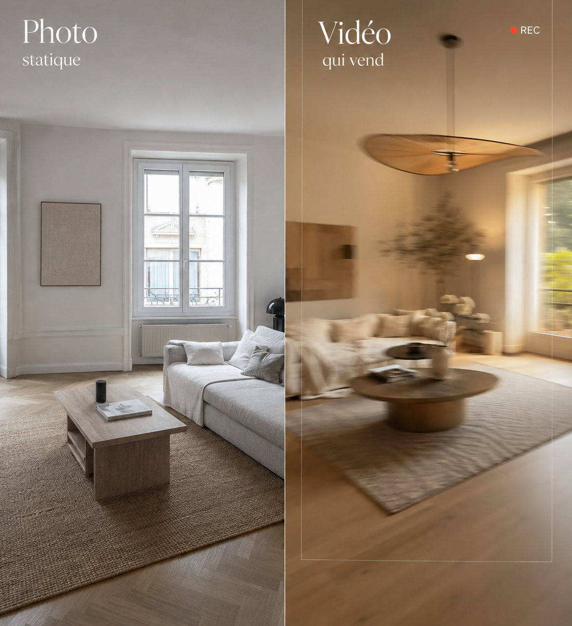 Comparaison entre une photo statique et une vidéo d'un même salon